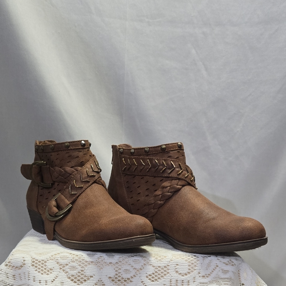 Women's Stylish Brown Ankle Boots with Buckle and Braided Detail